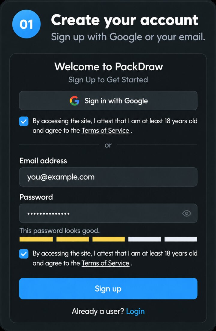 Step 1, create your account: the PackDraw sign-up form with Sign in with Google, email address and password fields and a Sign up button.