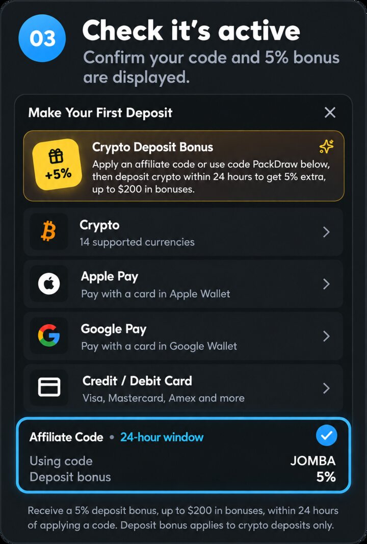 Step 3, check it is active: the deposit window shows Affiliate Code with a 24-hour window, Using code JOMBA and Deposit bonus 5%.
